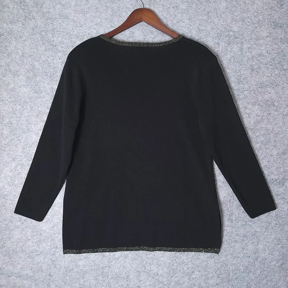 Misook Black Knit Tunic Top Womens Size Large V-Neck 3/4 Sleeve Gold Trim